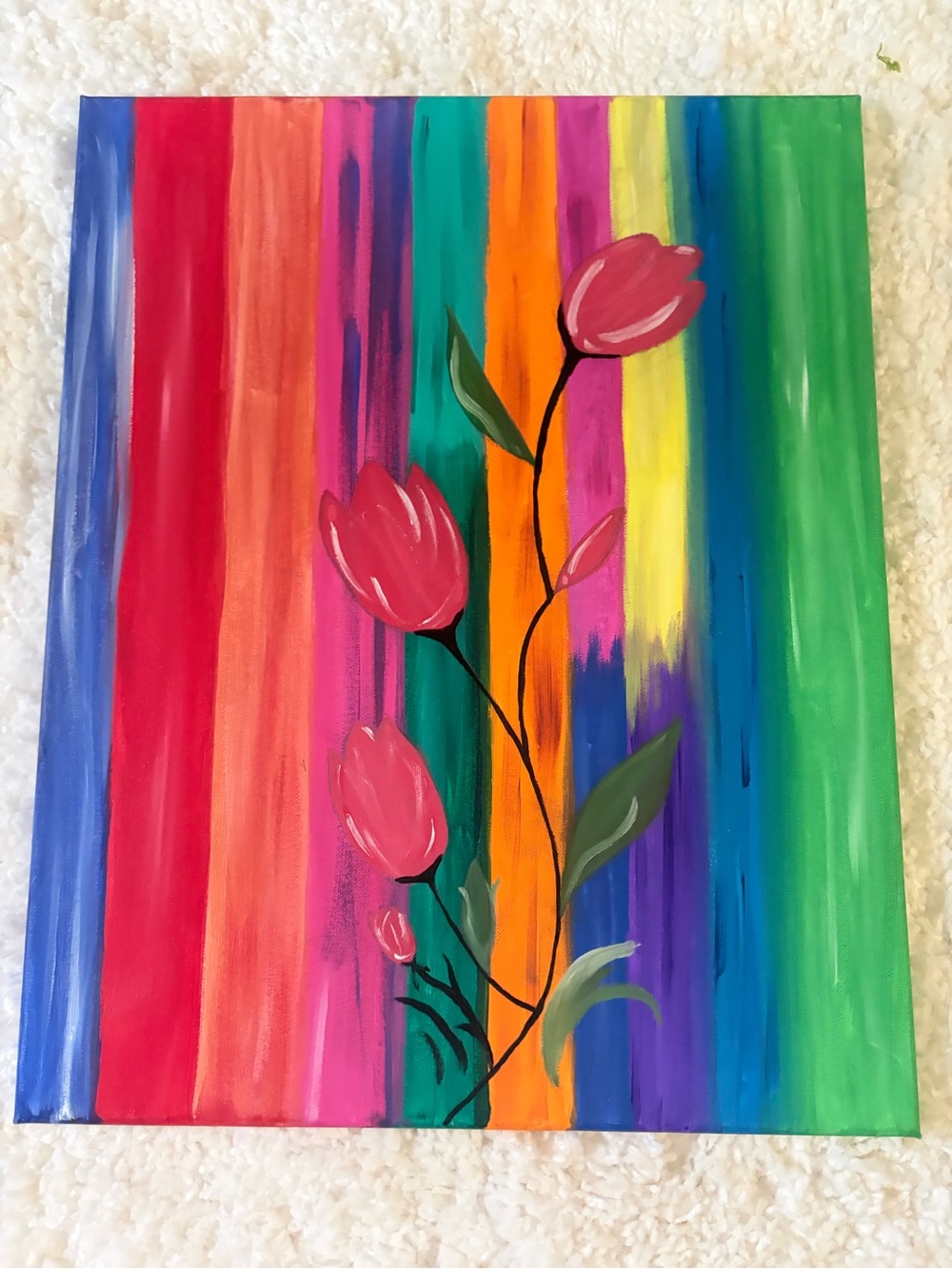 Rainbow Stripe Tulip Wall Art - Pink Tulips on Multicolor Background